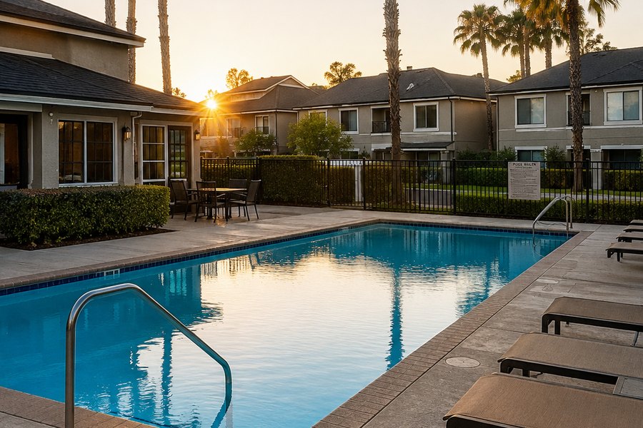 Community pool at sunset
